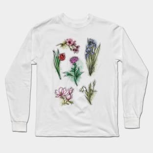 Spring Flowers set, Art Nouveau flower pattern, nature, Tulip, Iris, Cherry blossom, Primrose, Pastel, Watercolor style Long Sleeve T-Shirt